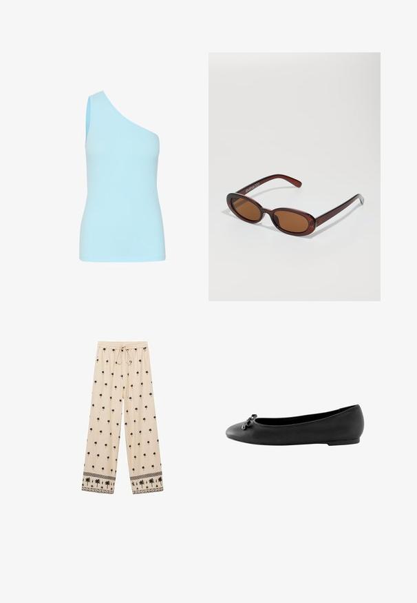 Top senza maniche azzurro chiaro, a coste, con scollo asimmetrico; forma aderente e texture liscia, adatta per essere indossato a strati.; Pantaloni beige a gamba larga con motivo di palme nere, vita elasticizzata con cordino e bordo a motivo a contrasto sull'orlo.; Pantofole da balletto nere con una finitura in pelle liscia, punta arrotondata e un piccolo fiocco decorativo nella parte anteriore. Suola piatta.; Occhiali da sole rotondi con tonalità marrone, montatura lucida color bordeaux. Aste sottili con un sottile dettaglio del marchio. Design delle lenti piatte.; Borsa a spalla in ecopelle nera con forma rettangolare, hardware dorato, chiusura magnetica e tracolla removibile. Dettaglio della superficie testurizzata.