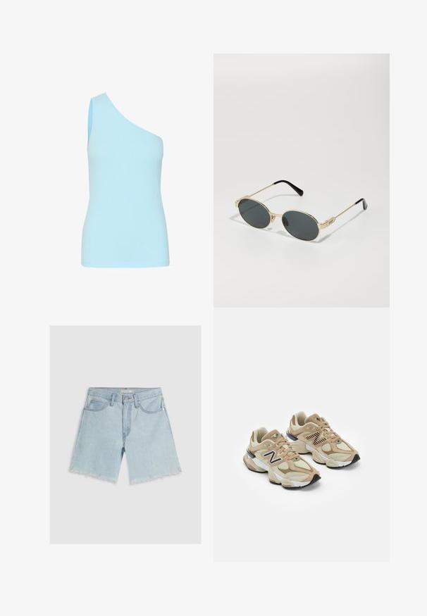 Světle modrý, žebrovaný, bezrukávový top s asymetrickým výstřihem; přiléhavý střih a hladká textura, vhodný na vrstvení.; Světlé modré džíny šortky s rovnou nohavicemi, třepeným lemem, pěti kapsami a zapínáním na knoflík v pase.; Béžové tenisky vyrobené z materiálů síťoviny a semiše. Obsahují černé logo a texturované prvky. Silná bílá mezipodešev a černá gumová podrážka.; Zlaté sluneční brýle s oválnými skly a tmavými skly. Černé acetátové konce na nožičkách. Jméno značky "QUAY" na boku.; Bílá kožená kabelka se zlatým zapínáním, černými akcenty, odnímatelným ramenním popruhem a strukturovaným designem s klopovým uzavřením.