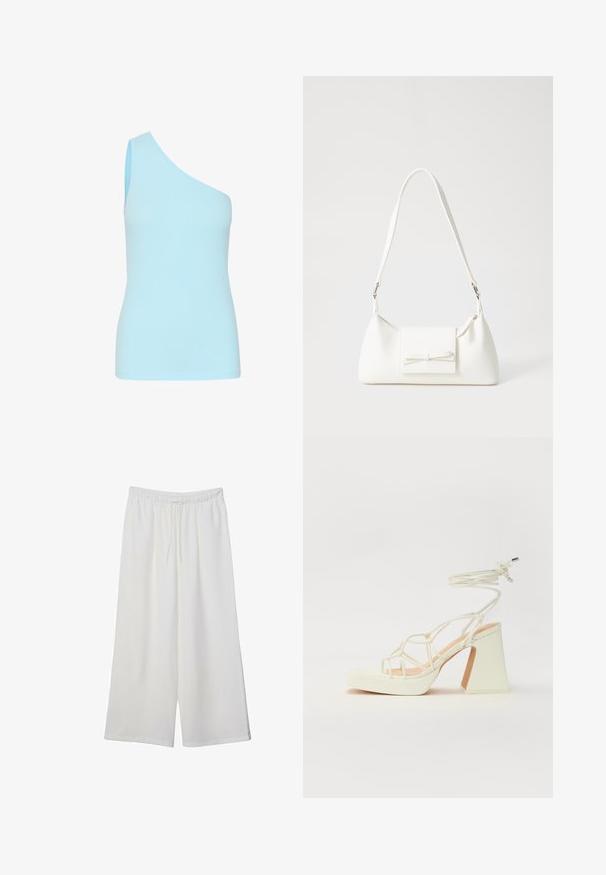 Ljusblå, ribbad, ärmlös topp med en asymmetrisk halsringning; figurnära form och slät textur, lämplig för lager-på-lager.; Vita vida byxor i lätt tyg med elastisk midja och dragsko för justerbar passform. Mjuk textur.; Vit högklackad sandal med en kraftig klack, med ett remdesign och ankelband. Slät textur med en plattform framtill för ökad höjd.; Vit syntetisk handväska med triangulär form, platt framklaff och rosettdetalj, justerbar rem, slät textur och minimalistisk design.