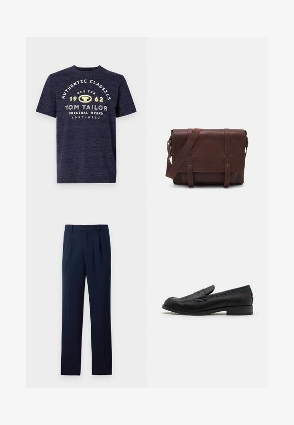 Jūras zila īsām piedurknēm T-kreklu ar heathered tekstūru, kas priekšpusē ir ar baltu un dzeltenu grafiku, kurā ir redzams zīmola nosaukums un dibināšanas gads.; Trīs garas piedurknes krekli: gaiši zils, balts un tumši zils. Visām ir klasiskā apkakle un pogu aizdare, izgatavoti no gludas auduma.; Jūras zila bikses, kas izgatavotas no gludas auduma, ar vienu pogu aizdari, bārkstīm un taisnajām kājām. Minimalistisks dizains bez izteiktām rakstu. ; Melnas ādas loafers ar gludu apdari, noapaļotu purngalu un mazu dekoratīvu flap. Ietver zemu kraujošu papēdi un smalku zīmola detalizāciju.; Brūns ādas sūtījumu soma ar plakanu priekšējo atloku, divām siksnām, zelta metāla detaļām un regulējamu plecu siksnu.