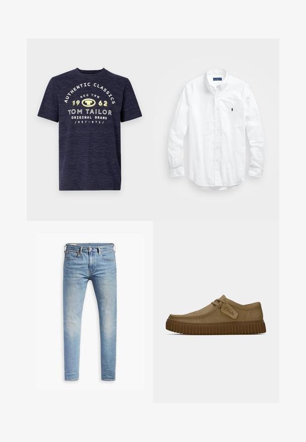 Námořnická modrá tričko s krátkým rukávem v melírované textuře, zdobené předním bílým a žlutým grafickým textem s názvem značky a rokem založení.; Bílá košile s dlouhým rukávem a knoflíkovým zapínáním vyrobená z bavlny. Má klasický límec, knoflíkové manžety a malé námořnické vyšívané logo na hrudi.; Světle modré slim-fit džíny s mírným vyblednutím na stehnech, zapínání na knoflík vpředu, poutka na opasek a pět kapes na bílém pozadí.; Světle hnědé suede boty s kulatou špičkou, prošívanými detaily a ribbovanou hnědou gumovou podrážkou. Disponují bočním štítkem s logem "Clarks".