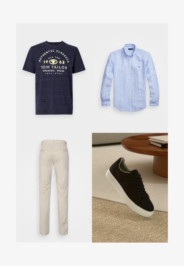 Tumesinine lühikeste varrukatega T-särk heledas tekstuuris, millel on ees valge ja kollane graafikatekst brändi nime ja asutamise aasta kohta.; Sinine ja valge triibuline pikkade varrukatega särk, mis on valmistatud puuvillast, ning millel on nööbitav krae, esi-nööbid ja väikese tikandiga logo rinnal.; Bež püksid siledas tekstuuris, sirge lõikega, kahe nööpidega tagataskuga ja tavalise vöökohaga.; Mustad musta tossuga valge tallaga, mis hõljub beeži tekstuuriga vaiba kohal, ümaral puidust laual, mille peal on kokku virnastatud raamatud.