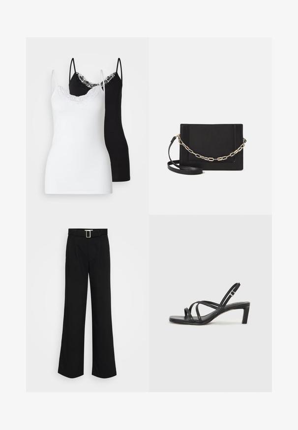 Dwie kobiece topy na ramiączkach: jeden biały z koronkowymi wykończeniami, drugi czarny z koronkowymi akcentami, oba z cienkimi regulowanymi ramiączkami.; Czarne szerokie spodnie wykonane z lekkiej tkaniny, charakteryzujące się gładką fakturą, fałdami z przodu oraz paskiem z kwadratową metalową klamrą.; Czarne sandały na obcasie z prostokątnym noskiem i niskim słupkowym obcasem. Posiadają wiele cienkich pasków i regulowany pasek na kostkę. Wykonane z gładkiej skóry.; Czarna skórzana torebka typu crossbody z gładką teksturą, prostokątnym kształtem oraz metalowym detalem w postaci łańcuszka z przodu. W zestawie regulowany pasek.