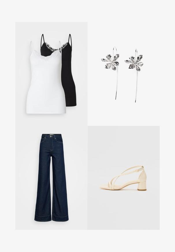 To kvinner i camistopper: en i hvitt med blonder, den andre i svart med blondedetaljer, begge med tynne justerbare stropper.; Mørkeblå høyt liv vide jeans med frontlommer, beltehemper, knappelukking og synlig søm på hvit bakgrunn.; Beige hæl-sandaler med blokhæl, rem-design og justerbar ankelrem, lavet af glat syntetisk materiale med mat finish.; Sølvblomstformede ørevipper med en teksturfinish, der har lange kroker og kronbladlignende detaljer for et intrikat design.