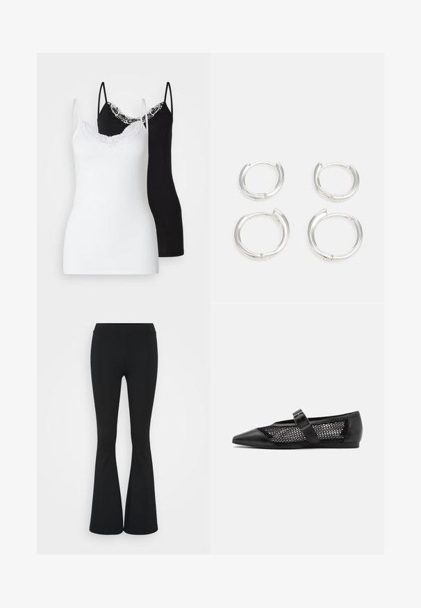 Twee dameshemdjes: één in het wit met kantafwerking, de ander in het zwart met kantdetails, beide met dunne verstelbare schouderbandjes.; Zwarte uitlopende broek van rekbaar materiaal, met een hoge tailleband en een gladde textuur. De broek loopt uit vanaf de knie.; Zwarte platte schoen met een puntige neus, mesh zijpanelen en een bandje met een gespdetail. Gladde afwerking op de neus en haksecties.; Zilveren hoop oorbellen met een gladde, gepolijste afwerking. Twee paren met een iets verschillende maat. Eenvoudig, cirkelvormig ontwerp, lichtgewicht.
