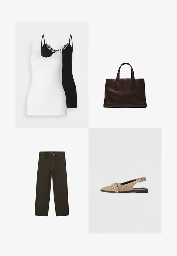 Due top in camicia da donna: uno bianco con pizzo, l'altro nero con dettagli in pizzo, entrambi con spalline sottili e regolabili.; Jeans a gamba larga di colore verde scuro, realizzati in tessuto misto cotone, dotati di chiusura con bottone frontale, cinque tasche e cuciture classiche in denim.; Scarpe slingback patent beige con punta affusolata, due cinturini regolabili e tacco nero basso. Texture liscia con una finitura lucida.; Borsa a spalla in pelle marrone con due manici lunghi, forma rettangolare strutturata, texture liscia e dettagli di cucitura sottili.