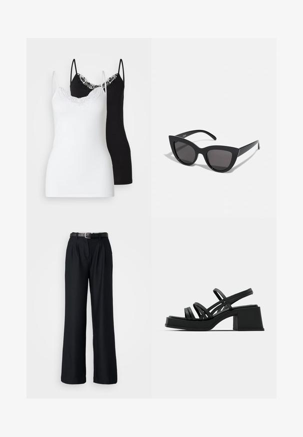 Két női pántos felső: az egyik fehér, csipke díszítéssel, a másik fekete, csipke részletekkel, mindkettő vékony, állítható pántokkal rendelkezik.; Fekete, bő szárú nadrág sima anyagból, elől redőzött kialakítással és egy azonos színű, ezüstcsatos fekete övvel.; Fekete magas sarkú szandál, több vékony pánttal és széles tömbsarkal. Letisztult kialakítás, matt felülettel. A talpbetét enyhe ívvel rendelkezik.; Fekete macskaszem napszemüveg matt felülettel, szürke árnyalatú lencsékkel, éles vonalakkal és karcsú oldalsó karokkal. A márkaneve látható a belső karon.