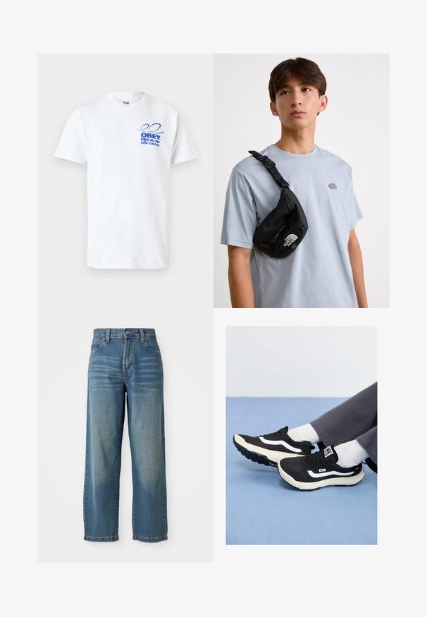Bela bomba majica iz bombaža z modrim grafičnim besedilom na levem prsnem delu, ki preberete "OBEY," "blizzard," in "NEW VISIONS," ter krožnim ovratnikom.; Svijetloplavi traper široke hlače visokog struka, s pet džepova i blago izblijedjelim završetkom. Sadrži kopčanje na dugme i zatvarač.; Črne tenisice z belimi dodatki, iz mrežastih in gumijastih materialov, z teksturiranim podplatom in petnim trakom. Nosi jih z belimi nogavicami in sivimi hlačami.; Črn najlonov crossbody nahrbtnik z nastavljivim paščkom, ki ima vidno belo logotip. Nosi se čez svetlo modro majico. Preprost, funkcionalen dizajn.