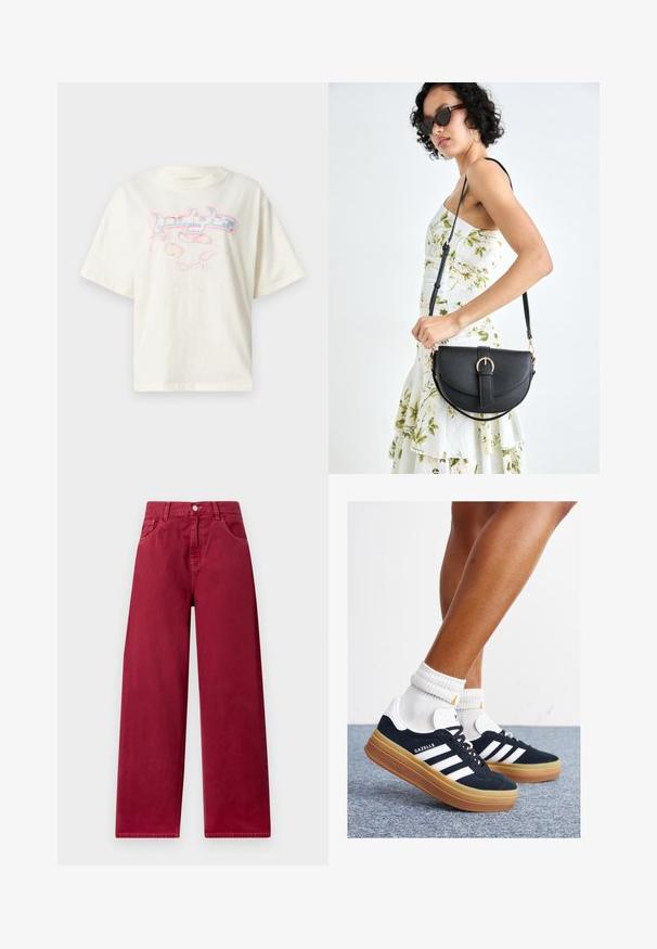 Kreminės spalvos medvilninė marškinė su trumpomis rankovėmis, apvalia iškirpte ir rožinės bei mėlynos spalvos grafiniu spaudu priekyje, kuriame pavaizduoti abstraktūs dizainai ir žvaigždės.; Platus kojos kelnės giliame burbuliukų atspalvyje, pagamintos iš tvirto džinsinio audinio, su priekinėmis kišenėmis ir mygtuko užsegimu juosmens dalyje.; Juodi zomšiniai sportbačiai su baltais dryžiais ir akcentais, apvalios nosies, guminio, gumos pado, derinami su baltais raitytais vidutinio ilgio kojinaitėmis.; Juodas odinis krepšys su išlenkta forma, nuimamu dirželiu ir auksiniais detalėmis. Krepšys turi kilpą su sagtimi.