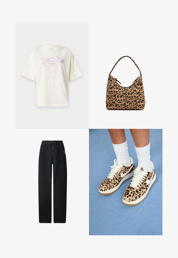 Camiseta de algodón crema con mangas cortas, cuello redondo y un estampado gráfico en rosa y azul en la parte frontal, que presenta diseños abstractos y estrellas.; Vaqueros de denim negro de pierna ancha con una cintura alta, que cuentan con diseño de cinco bolsillos y un pequeño detalle bordado en la parte delantera.; Zapatillas Nike Air Force 1 con estampado de leopardo, con cordones blancos y el swoosh, cuentan con una suela de goma color beige y parte superior texturizada. Calcetines blancos de caña corta visibles.; Bolso de mano con estampado de leopardo y asa curva, hecho de tela suave, con un cierre de cremallera en la parte superior y detalles en negro en los bordes.
