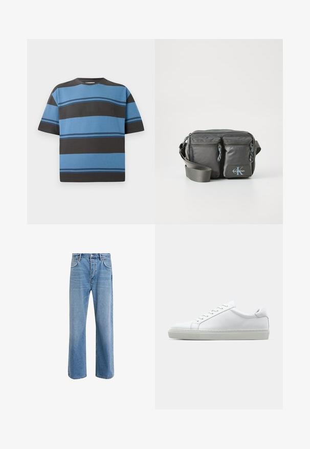 Μπλούζα κοντομάνικη από βαμβάκι με οριζόντιες ρίγες σε αποχρώσεις του μπλε και σκούρου γκρι. Διαθέτει στρογγυλή λαιμόκοψη και άνετη εφαρμογή.; Ανοιχτό μπλε τζιν παντελόνι με ευθεία γραμμή, πέντε τσέπες, κλείσιμο με κουμπί, ελάχιστη φθορά και αντίθετες ραφές.; Λευκό αθλητικό παπούτσι με άνω μέρος από λείο δέρμα και χαμηλό προφίλ. Διαθέτει στρογγυλεμένη μύτη, έξι τρυπούλες και υφασμένη καουτσούκ σόλα.; Γκρι νάιλον τσάντα crossbody με δύο φερμουάρ μπροστινές τσέπες, ρυθμιζόμενο λουρί και λογότυπο. Λείος υφασμάτινος σχεδιασμός με μοντέρνα γραμμή.
