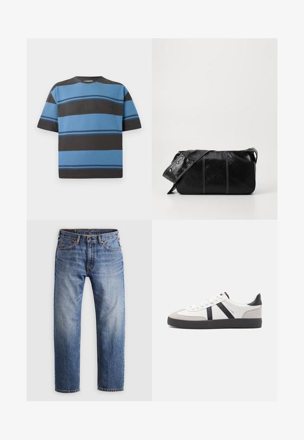 Kurzarm-T-Shirt aus Baumwolle mit horizontalen Streifen in Blau- und Dunkelgrautönen. Verfügt über einen Rundhalsausschnitt und eine lockere Passform.; Gerade geschnittene blaue Denim-Jeans mit Knopf- und Reißverschluss, fünf Taschen und orangefarbener Naht auf einem hellgrauen Hintergrund.; Weiße Sneaker mit schwarz- und grau-aczenten, ausgestattet mit einer strukturierten grauen Zehenkappe, schwarzer Gummi-Sohle und flachen weißen Schnürsenkeln. Sauberes Design, minimalistische Stil.; Schwarze Leder Schultertasche mit Reißverschluss, ausgestattet mit einer strukturierten Oberfläche, weißen Nähten und einem Tragegurt mit silbernen Ösen.