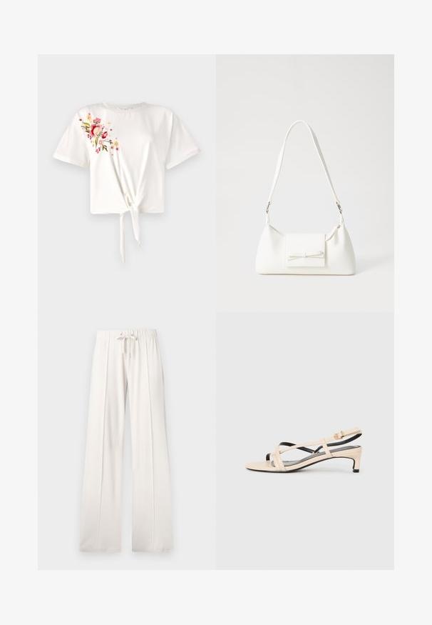 Valge lühikeste varrukatega T-särk säärevõrgu ees. Vasakul küljel on roosa ja kollane lilleline tikand. Pehme puuvillane materjal.; Heledad beežid püksid, mis on valmistatud pehmest kangast, millel on paelaga vöökoht, laiad sääred ja vertikaalsed õmblused, lisaks sujuv tekstuur.; Beež nahast slingback-sandaalid ristkülikukujuliste rihmadega, madala kannaga ja mustade aktsentidega. Sile tekstuur ja minimaliseeritud disain.; Valge sünteetilisest materjalist kott kolmnurkse kujuga, lame esiklapiga ja kaaredetailiga, reguleeritava rihmaga, sileda tekstuuriga ja minimalistliku disainiga.