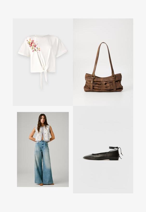 Witte T-shirt met korte mouwen en een geknoopt front. Kenmerkt zich door bloemenbroderie in roze en geel aan de linkerkant. Zacht katoenen materiaal.; Vrouw in een mouwloze witte bloemenpatroon tanktop, gecombineerd met hoge taille wijde lichtblauwe jeans en bruine schoenen, staande met de handen achter de rug.; Zwarte leren balletschoenen met een spitse neus, enkelbandje en platte zool, voorzien van een gladde textuur en minimalistisch ontwerp.; Even&Odd Handtas - brown