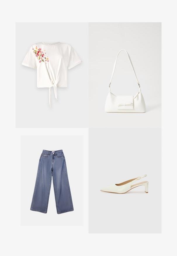 Camiseta blanca de manga corta con un nudo en la parte delantera. Presenta bordados florales en rosa y amarillo en el lado izquierdo. Material de algodón suave.; Jeans de mezclilla de pierna ancha en un lavado azul claro, con una cintura alta, bolsillos frontales y un cierre de botón con trabillas para el cinturón.; Zapato slingback de charol blanco con punta afilada y un tacón bajo tipo bloque. Presenta una correa sutil con un detalle de hebilla en tono dorado.; Bolso sintético blanco con forma triangular, tapa frontal plana y detalle de lazo, correa ajustable, textura suave y diseño minimalista.