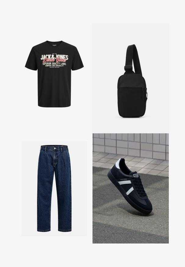 Tricou negru din bumbac cu guler rotund. Dispune de inscripții îndrăznețe alb-negru și roșu: "JACK & JONES Denim Goods" și "Etichetă de Calitate Superioară."; Jeans din denim albastru închis cu un design drept. Prezintă cusături vizibile, închidere cu buton și pliuri frontale pentru un detaliu suplimentar.; Sneaker din piele neagră cu dungi albe, talpă din cauciuc texturat și șireturi. Prezintă un eticheta de marcă pe limbă.; Geantă crossbody neagră, confecționată dintr-un material rezistent, dotată cu o curea ajustabilă, un compartiment principal cu fermoar și o buzunar frontal.