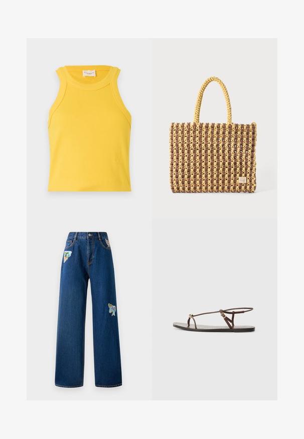 Žuta rebrasta majica bez rukava s okruglim izrezom. Ima mali logotip na dnu. Glatka tekstura.; Tamno plavi traper široke hlače sa dva šarena vezenja na prednjoj strani. Ima standardne džepove i vidljive šavove.; Smeđi kožni sandal s tankim trakama, zlatnim kružnim akcentom i ravnim đonom. Minimalistički dizajn s detaljem s podesivom kopčom.; Tkanirana torba u smeđoj i žutoj boji, s pravokutnim oblikom, dvije ručke i teksturiranom površinom s vidljivim šavovima i oznakom brenda.