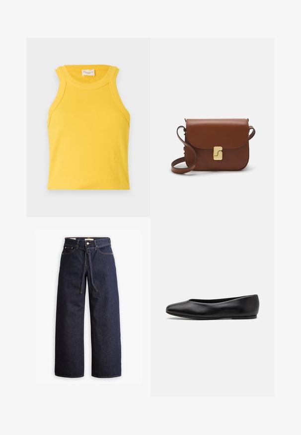 Yellow ribbed tank top with a round neckline and sleeveless design. Features a small logo detail at the bottom. Smooth texture.; Wide-leg dark blue denim jeans with a high waist, featuring a drawstring tie, five pockets, and contrasting stitching details.; Paul Smith TOPANGA - Ballet pumps - black; Brown leather handbag with a flap closure, gold-tone hardware, a shoulder strap, and a smooth texture. Compact rectangular shape.