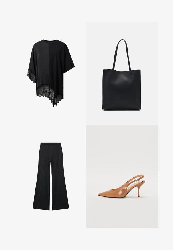 Sort kortærmet top med asymmetrisk kant og blondekant forneden. Lavet af letvægtsstof med en glat overflade.; Sorte brede bukser med en glat tekstur, der har fremadrettede folder og en skræddersyet design. Stofferne er lette og flerdimensionelle.; Spids tå slingback hæl i et glat, blankt tan materiale. Har et buet udskæring design og en slank stiletto hæl. Sølv spænde detalje.; Sort læder tote taske med glat tekstur, rektangulær form og to lange hanke. Ingen synlig hardware eller udsmykninger.