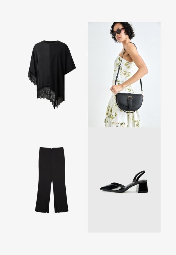 Sort kortærmet top med asymmetrisk kant og blondekant forneden. Lavet af letvægtsstof med en glat overflade.; Sorte bukser med lige pasform, der har frontlommer og slidser i kanten. Lavet af blødt, glat stof. Velegnet til forskellige anledninger.; Sorte patentlæder slingback hæle med spids tå og en geometrisk blok hæl. Har et elegant, minimalistisk design og en glat tekstur.; Sort læderhåndtaske med en buet form, aftagelig rem og guldfinish. Tasken har en klap med en spænde detalje.