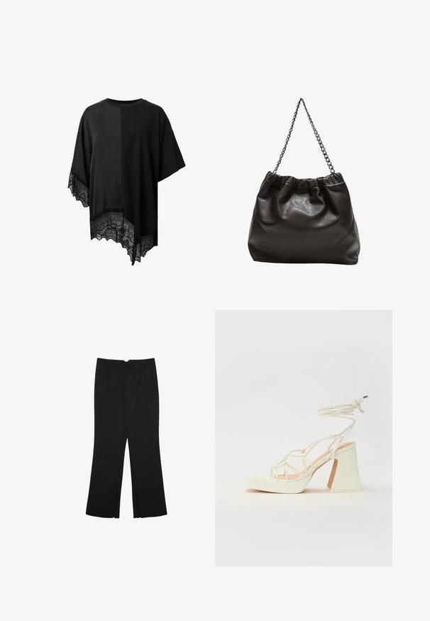 Schwarzes kurzärmliges Oberteil mit asymmetrischem Saum und Spitzenbesatz am unteren Rand. Hergestellt aus leichtem Stoff mit glatter Textur.; Schwarze Hose mit geradem Schnitt, ausgestattet mit Fronttaschen und Seitenschlitzen am Saum. Hergestellt aus weichem, glattem Stoff. Geeignet für verschiedene Anlässe.; Weiße High-Heel-Sandale mit einem klobigen Absatz, die über ein Riemchendesign und ein Knöchelband verfügt. Glatte Textur mit einer Plattform vorne für zusätzliche Höhe.; Braune Lederhandtasche mit gerafftem Oberteil und Kettenriemen. Glatte Textur mit glänzendem Finish und subtilen Nahtdetails an den Seiten.