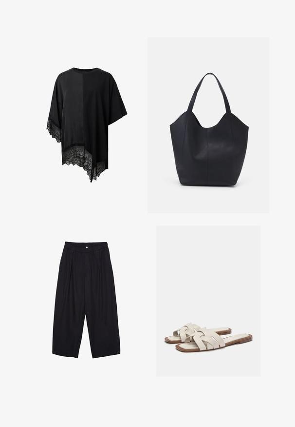 Sort kortærmet top med asymmetrisk kant og blondekant forneden. Lavet af letvægtsstof med en glat overflade.; Sorte polyester culotte bukser med elastisk talje, to forpiber og en løs silhuet. Ingen synlige mønstre eller hardware detaljer.; Lys beige slidesandal med vævede stropper, der har en flad sål og minimalistisk design. Glat tekstur med subtile farvekontrastdetaljer.; Sort tote taske lavet af glat læder, med en buet, åben top, to skulderstropper og et minimalistisk design.