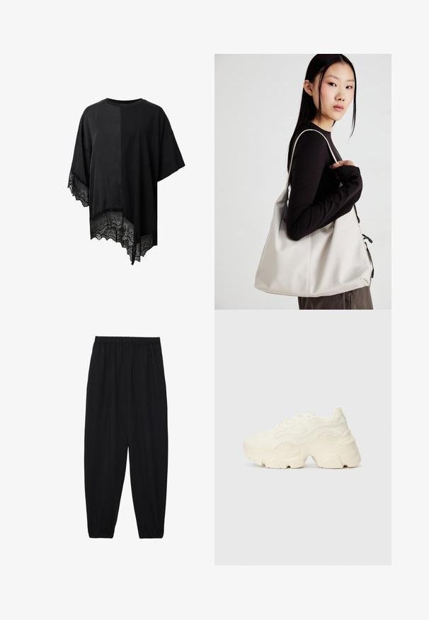 Černý top s krátkým rukávem, který má asymetrický lem a krajkový okraj na spodním lemu. Vyroben z lehkého materiálu s hladkou texturou.; Černé, lehké kalhoty s elastickým pasem a nařasenými kotníky. Tkanina je hladká a má uvolněný, zúžený design.; Chunky bílé tenisky vyrobené z texturované síťoviny a syntetických materiálů, s tlustou podrážkou a složitými vzorovými detaily podél stran.; Beige kabelka vyrobená z měkkého materiálu, s volným designem, prošívanými detaily a dvěma ramenními popruhy. Vhodná pro každodenní použití.