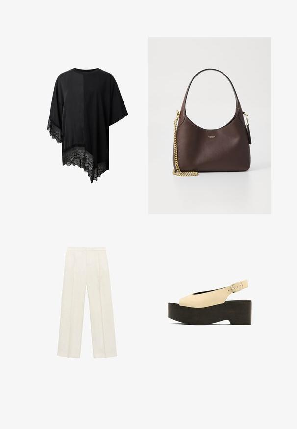 Sort kortærmet top med asymmetrisk kant og blondekant forneden. Lavet af letvægtsstof med en glat overflade.; Bredbenede bukser i en lys cremefarve. Fremstillet af et glat stof med plisseringer foran og sidelommer.; Beige ruskindsplatformsandaler med åben tå, slingback-design og en mørk trælignende bund, der har en metalspænde til justering.; COACH BROOKLYN SHOULDER BAG 23 - Håndtasker - maple