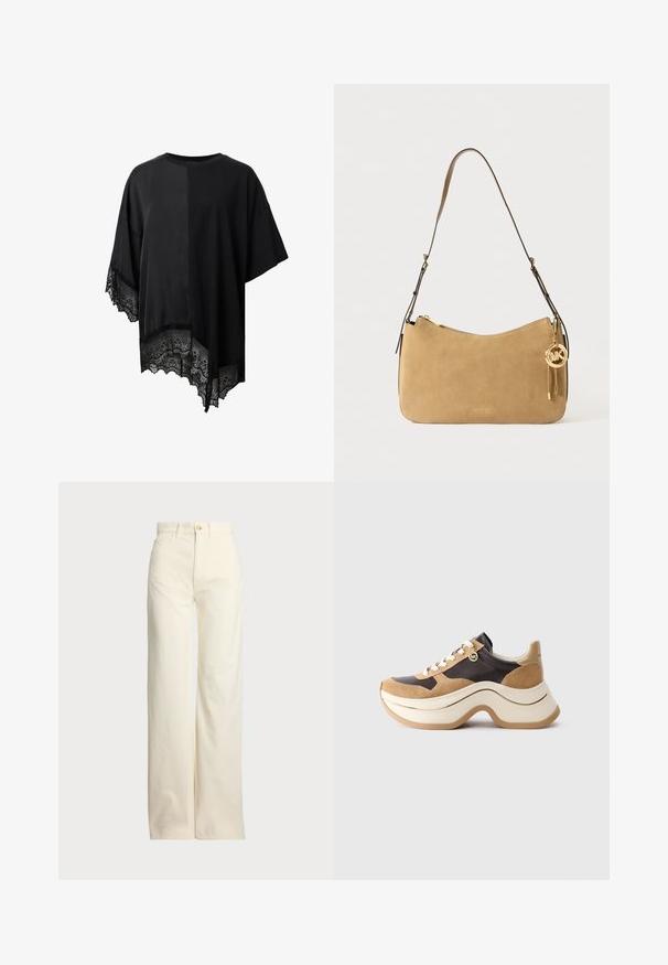 Čierny krátky rukáv top s asymetrickým lemom a čipkovým lemovaním na dne. Vyrobený z ľahkej látky s hladkou textúrou.; Polo Ralph Lauren COTTON CORDUROY WIDE-LEG PANT - Nohavice - warm white; Sneaker s hrubou podrážkou v béžovej a tmavohnedej farbe so semišovými akcentmi, bielymi šnúrkami a malým zlatým charmom MK na boku.; Kozmetická taška z pieskového semišu s zakriveným tvarom, zlatými kovovými doplnkami a zipsovým uzáverom. Obsahuje pripojený prívesok s iniciálkami "MK".