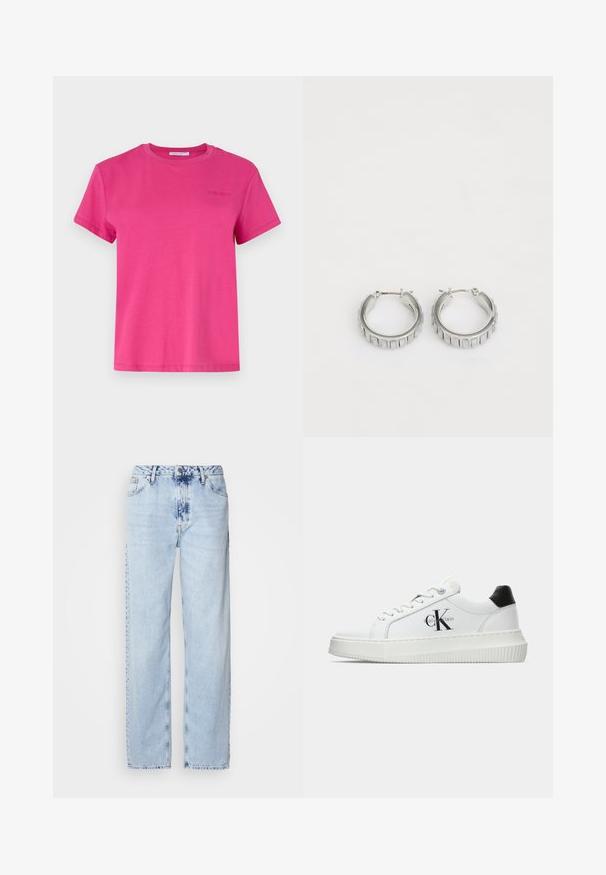 Ružová tričko s krátkym rukávom vyrobené z jemnej bavlny, s okrúhlym výstrihom a malým embossovaným logom na hrudi. Klasický strih a hladká textúra.; Svetlomodré široké džínsy vyrobené z denimu, s vysokým pásom, vyblednutým umývaním a jemným vzorom batikovania na prednej strane.; Biele nízke tenisky s čiernym pätkovým dielom, platformovou podrážkou, šnúrkami a logom "CK" značky Calvin Klein na boku.; Strieborné kruhové náušnice s textúrovaným dizajnom, ktorý obsahuje vertikálne ryhy. Obdĺžnikový tvar so zabezpečovacím uzáverom. Hladký povrch.