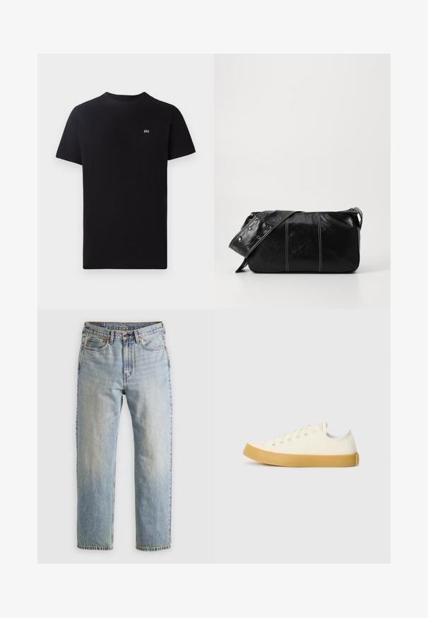 Sort bomulds t-shirt med klassisk rund hals, korte ærmer og et lille hvidt logo broderet på venstre bryst.; Lysblå denim jeans med høj talje, frontknap, lynlås og fem-lomme design, lagt fladt på en neutral baggrund.; Læder sneakers i off-white med rund tå, der har beige gummisåler og fem øjer til snørebånd, struktureret finish på overdelen.; Sort læder skuldertaske med lynlås, der har en tekstureret overflade, hvid syning og en rem med sølvøskner.