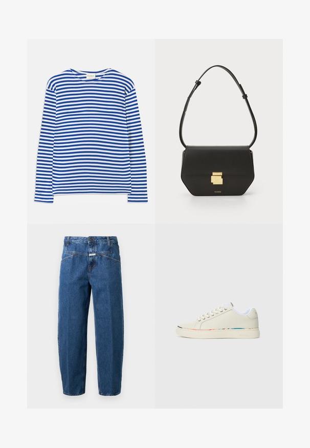 Koszula z długim rękawem w poziome niebieskie i białe paski, z okrągłym dekoltem i metką "CLOSED" przy kołnierzu, położona na białym tle.; Jeans dżinsowe w ciemnoniebieskim kolorze, o luźnym kroju, z pięcioma kieszeniami, stworzonymi z przeszyciami oraz z zapięciem na guzik w pasie.; Niskie sneakersy w kolorze off-white z sznurowaniem, białą podszewką wewnętrzną oraz subtelnym, wielokolorowym wykończeniem wzdłuż krawędzi podeszwy, widok z boku.; CLOSED - Torba na ramię