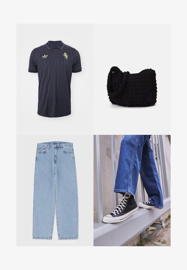 Navy polo shirt with a textured pattern, featuring a green logo on the left chest and contrasting collar and sleeve accents.; Light blue denim jeans with straight leg design, featuring a mid-rise waist, five pockets, and a button and zipper closure.; Black high-top sneakers with white sole and laces, paired with loose blue denim jeans, resting on a gray railing.; Black fabric bag with a textured, quilted pattern. Rounded shape, short, thick handles, and a soft, flexible structure.