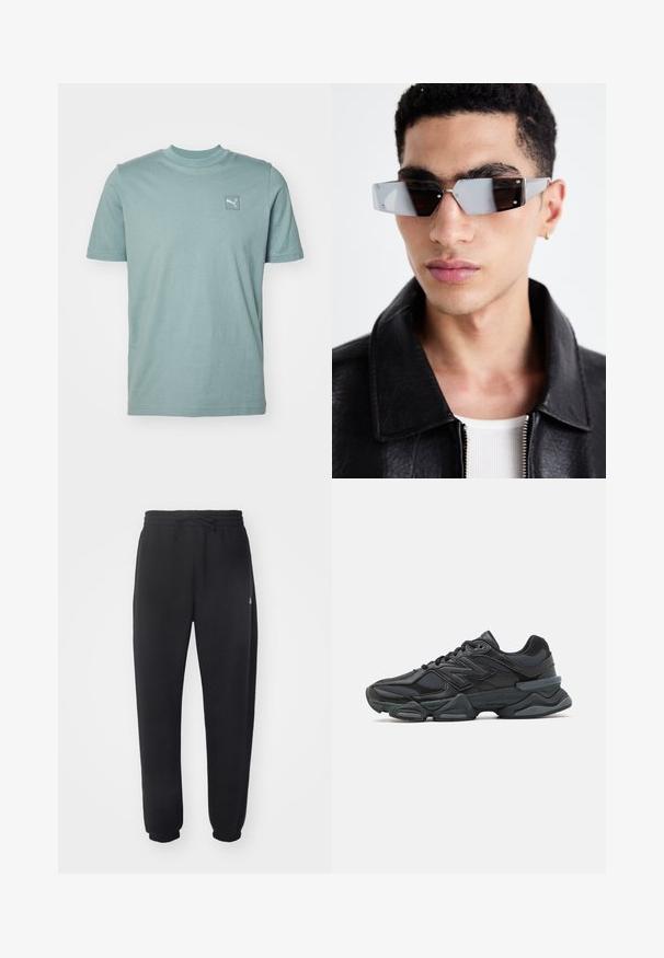 Gaiši zils, kokvilnas T-krekls ar apaļu kaklu un īsām piedurknēm; izceļas ar mazām izšūtām logotipa uzšuvēm kreisajā krūšu pusē.; Melni sporta bikses no mīksta materiāla ar elastīgu jostu, aukliņu un sašaurinātiem piedurknēm, ar smalku logo sānos.; Melna skriešanas apavi ar jauktu acu audumu un sintētiskiem materiāliem, masīvu zoli, izliekta dizaina elementiem un izteiktu zīmola logotipu uz sāniem.; Stūrainas pelēkā toņa saulesbrilles ar sudraba detaļām, novietotas uz gaiša fona. Lēcas ir ar unikālu ģeometrisku formu.