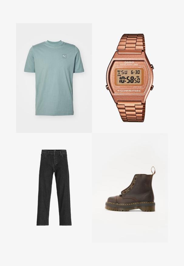 Ljusblå bomull t-shirt med rund halsringning och korta ärmar; har en liten, broderad logotyp på vänster bröstområde.; Svarta denimjeans med rak passform, featuring dragkedja, bälteslöljer och sex fickor, tillverkade av en kraftig bomullsblandning.; Brun läderankelboot med rund tå, kontrasterande gul söm, dekorativa metallhål och en räfflad gummisula.; Digital Casio-klocka med armband i roséguld, rektangulärt hölje, belyst display och vattentålighet, som visar tid och datum.