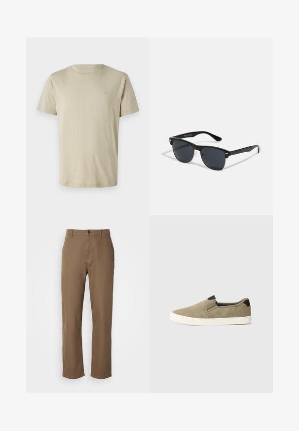 Lühikeste varrukatega t-särk helesuhkru värvuses, valmistatud pehmest kangast, ringikäiga ja väikese logoga, mis on trükitud vasakule ülanurka.; Pruunid puuvillased püksid, sirge lõike ja nööbiga kinnitusega, küljetaskudega. Omavad siledat tekstuuri ja lihtsat, kaunistamata disaini.; Taupe'i värvi libistatavad kingad, millel on tekstuuriga kangast ülemine osa, kontrastne must konts ja valge kummist tald. Aukude disain hingavuse saavutamiseks.; Mustad mustmikrooni kujuga mustad prillid, tumedate klaasidega, hõbedased detailid templite juures ja mati viimistlusega raam.