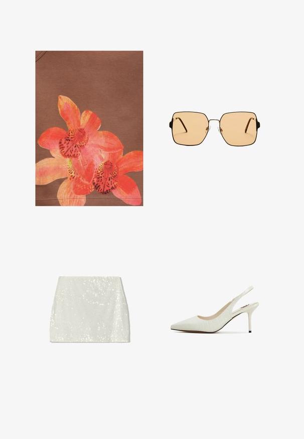Design di fiori di orchidea arancioni e rosa vivaci stampato su uno sfondo di tessuto marrone con cuciture visibili vicino al bordo inferiore.; Bershka Gonna a campana - white; Dei tacchi slingback a punta in materiale bianco lucido a stampa coccodrillo. Caratterizzati da un tacco sottile e una finitura testurizzata.; Occhiali da sole quadrati con lenti marroni e una sottile montatura in metallo nero. Presentano tempie angolari e naselli regolabili per il massimo comfort.