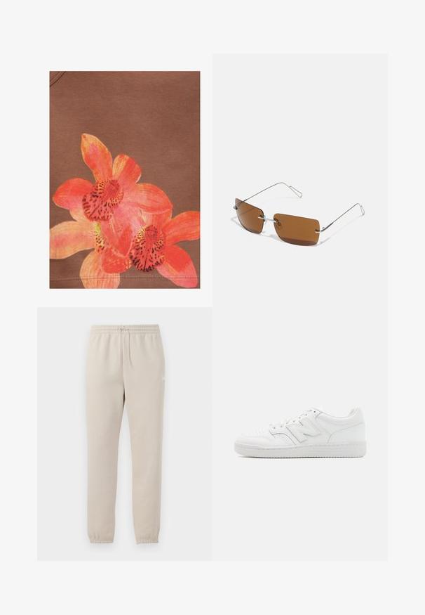 Bright orange and pink orchid flower design printed on brown fabric background with visible stitching near the bottom edge.; Light beige sweatpants made of soft fabric with an elastic waistband, adjustable drawstring, and tapered cuffs at the ankles.; White sneaker made of smooth leather, featuring perforated toe, a textured rubber sole, flat laces, and a prominent 'N' logo on the side.; Brown rectangular sunglasses with thin silver wire frames and nose bridge supports. Lenses are flat and slightly tinted.