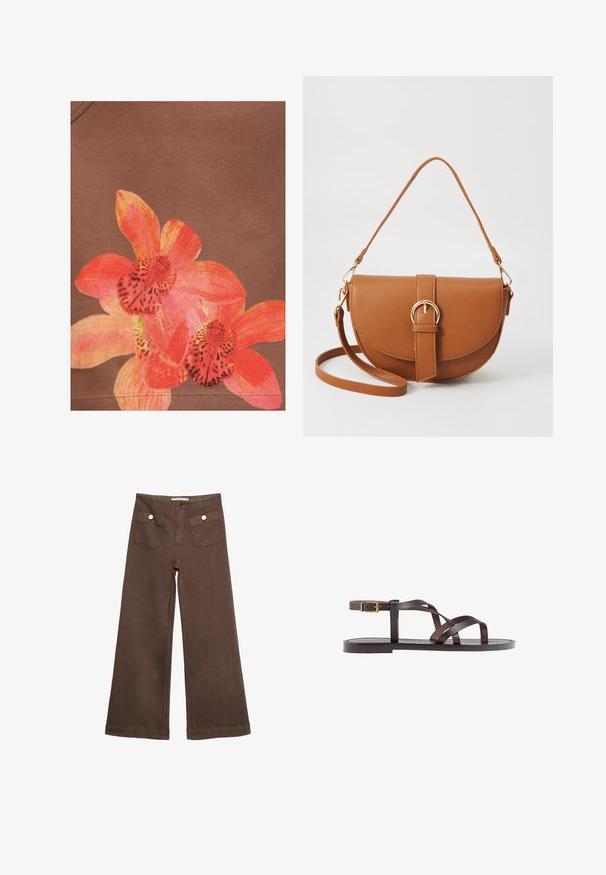 Design di fiori di orchidea arancioni e rosa vivaci stampato su uno sfondo di tessuto marrone con cuciture visibili vicino al bordo inferiore.; Pantaloni larghi marroni in cotone, con due tasche frontali decorate da bottoni argentati e una texture liscia.; Sandal in pelle marrone con cinturini incrociati, chiusura con cinturino alla caviglia e suola piatta con dettagli di cucitura minimi.; Borsa a tracolla in pelle marrone con forma curvata, hardware dorato e un dettaglio con fibbia. Presenta una tracolla rimovibile.