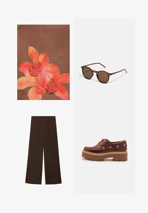 Bright orange and pink orchid flower design printed on brown fabric background with visible stitching near the bottom edge.; Wide-leg trousers made from a smooth, dark brown fabric. Features a high waistband and a minimalist design without embellishments.; Brown leather boat shoe with a chunky brown rubber sole, gold eyelets, and contrast stitching. Features a logo on the side.; Round sunglasses with tortoiseshell frame and brown lenses. Features thin temples with slight texture and metal accents near the lenses.
