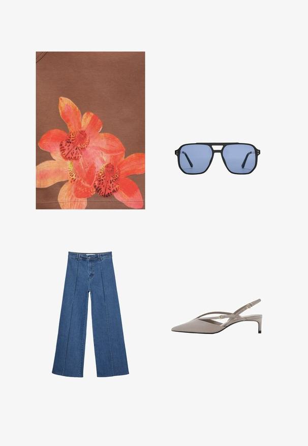 Kirjavana oranssin ja vaaleanpunaisen orkideakuvion design ruskealla kankaalla, jossa näkyvät ompeleet alareunassa.; Korkeat vyötäröiset, keskisiniset, leveiden lahkeiden denim-farkut, joissa on nappikiinnitys ja kontrastiväriset pystysaumadetaileja edessä.; Beige slingback-kengät, joissa on terävä kärki, ohuet ristikkäin menevät remmit ja lyhyt stiletto-korko. Sileä kangas, jossa on kultasävyisiä yksityiskohtia.; Stradivarius RETRO - Aurinkolasit - light blue