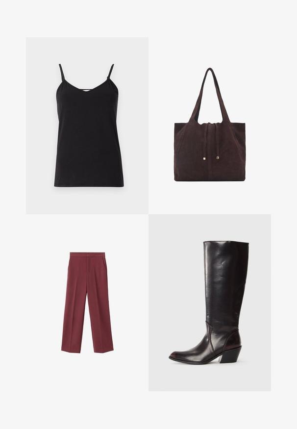 Svart cami-top med tunna justerbara strappar, V-ringning och rak nederkant. Tillverkad av mjukt, lätt tyg med en slät textur.; Bordeaux bredderbyxor med en slät textur, med sidofickor och hög midja. Skräddarsydda med en ren frontveck.; Knähöga, mörkbrun läderstövel med spetsig tå, vinkelrätt klack och slät, glansig yta. Har en ren design och sömdetaljer.; Mango Shoppingväska - dark brown