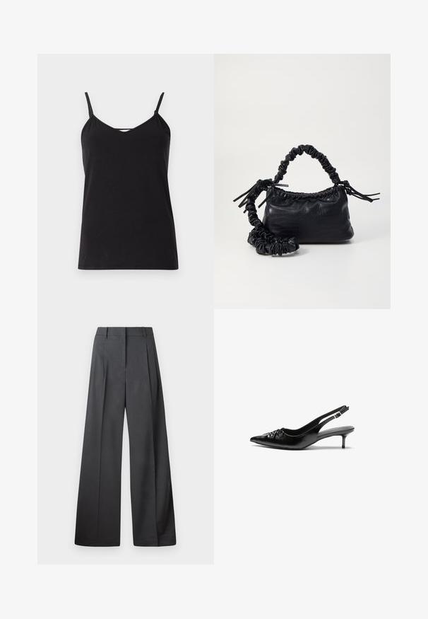 Top de camisolinha preto com alças ajustáveis finas, decote em V e barra reta. Feito de um tecido leve e macio com uma textura suave.; Calças de perna larga em tecido cinza escuro, apresentando uma cintura alta, pregas simples e uma textura suave com um acabamento limpo nas bainhas.; Sapatos de salto alto slingback em couro preto com bico fino, pequeno salto kitten e um detalhe decorativo em forma de nó na parte da frente. Textura suave em toda a parte.; Bolsa de mão em couro sintético preto com textura de crocodilo, topo franzido e alça enrugada. Apresenta um design suave e compacto.