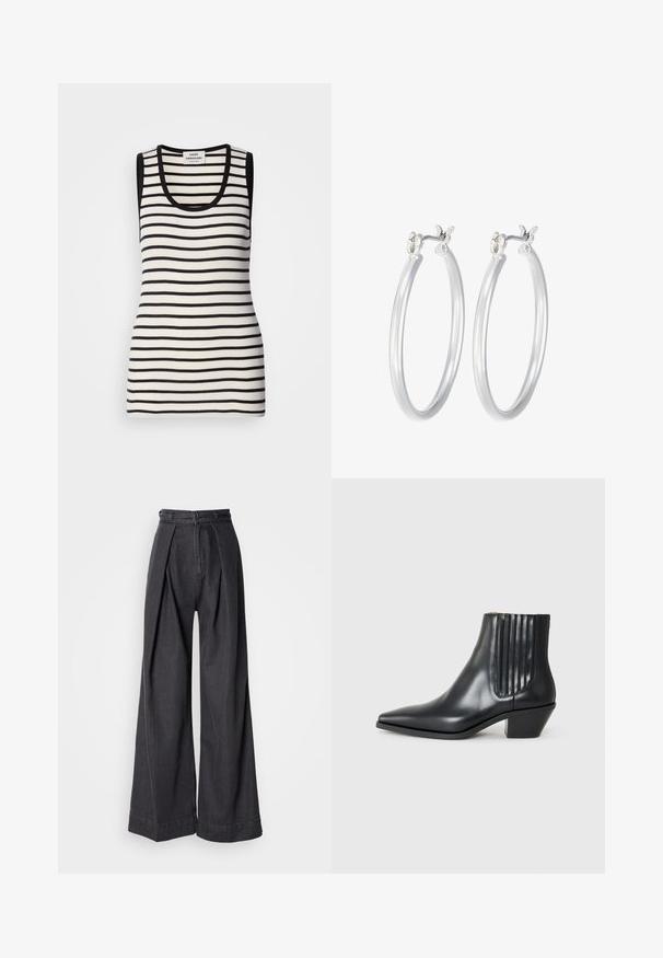 Sleeveless tank top with black and white horizontal stripes, ribbed texture, and a rounded neckline. Black trim on the shoulders and neckline.; Wide-leg black denim trousers with a high waist, featuring front pleats and a classic zip closure. Crisp, smooth texture with a clean finish.; Black leather ankle boot with pointed toe, elastic side panels with vertical grooves, and a low block heel. Smooth texture and sleek design.; Silver hoop earrings with a smooth, polished finish. Round shape and secure click-top closure. Lightweight design suitable for everyday wear.