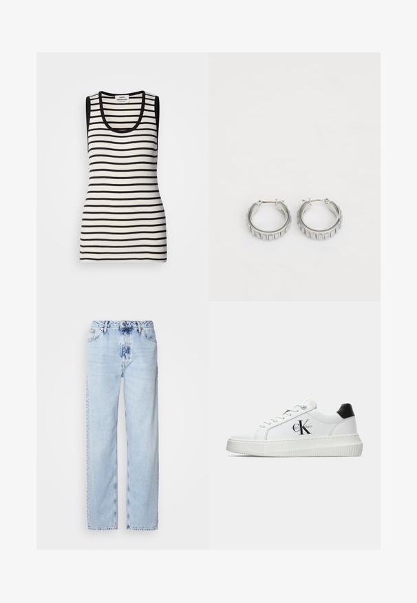 Majica brez rokavov z črno-belimi vodoravnimi črtami, rebrasto teksturo in zaobljenim izrezom. Črn rob na ramenih in izrezu.; Svetlo modri široki džins hlače iz denima, z visokim pasom, zbledelim pranjem in subtilnim tie-dye vzorcem spredaj.; Bele nizke superge z črnim hrbtnim delom, platformo, vezalkami in Calvin Klein "CK" logotipom na strani.; Srebrni obroči s teksturiranim dizajnom, ki vsebuje navpične rebraste vzorce. Krožna oblika z varnim zapiranjem na zaponko. Gladek zaključek.