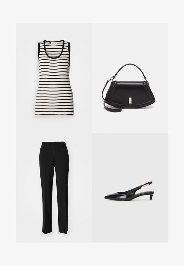 Sleeveless tank top with black and white horizontal stripes, ribbed texture, and a rounded neckline. Black trim on the shoulders and neckline.; Black tailored trousers with a straight-leg design, featuring a smooth texture and crisp creases along the front. No visible hardware.; Black leather slingback heels with a pointed toe, featuring a slim heel and a gold-tone accent on the adjustable strap. Smooth texture.; Black leather handbag with a structured design, featuring a cropped shape, top handle, and gold hardware accent. Adjustable shoulder strap included.