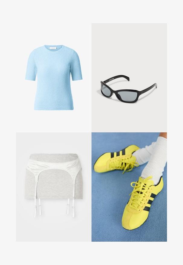 Jasnoniebieski sweter z krótkim rękawem o fakturowanym, żeberkowym wzorze. Okrągły dekolt i miękki materiał dziewiarski, idealny na codzienne okazje.; Szara bawełniana tkanina odzieżowa z satynowym białym paskiem w talii i czterema regulowanymi wstążkami do podwiązek. Gładka tekstura, dopasowany krój.; Jaskrawe żółte buty sportowe z czarnymi paskami i sznurówkami; mają teksturowaną cholewkę i zamszowe akcenty. Noszone z białymi skarpetami w prążki.; Czarne okulary przeciwsłoneczne o smukłym, kanciastym designie. Posiadają szare soczewki i błyszczące plastikowe oprawki. Zawierają małe metalowe akcenty oraz branding na ramieniu.; Czarna skórzana torebka z dwoma krótkimi uchwytami, srebrnymi akcentami, białymi detalami i białym logo. Posiada teksturowaną powierzchnię oraz kompaktowy design.