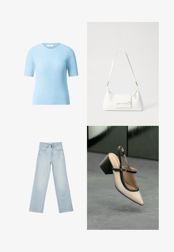 Světle modrý svetr s krátkým rukávem a texturovaným žebrovaným vzorem. Kulatý výstřih a měkký pletený materiál, vhodný pro každodenní nošení.; Světle modré denimové široké džíny. Obsahují pět kapes, zapínání na knoflíky a vybledlé detaily. Klasický rovný střih s volným cílem.; Beige boty s špičatou špičkou a otevřenou patou, černými detaily, zlatou přezkou a silným blokovým podpatkem, na šedé podlaze s tmavě zeleným pozadím.; Bílá syntetická kabelka v trojúhelníkovém tvaru, s plochým předním klopným víkem a detailem mašle, nastavitelným popruhem, hladkým povrchem a minimalistickým designem.