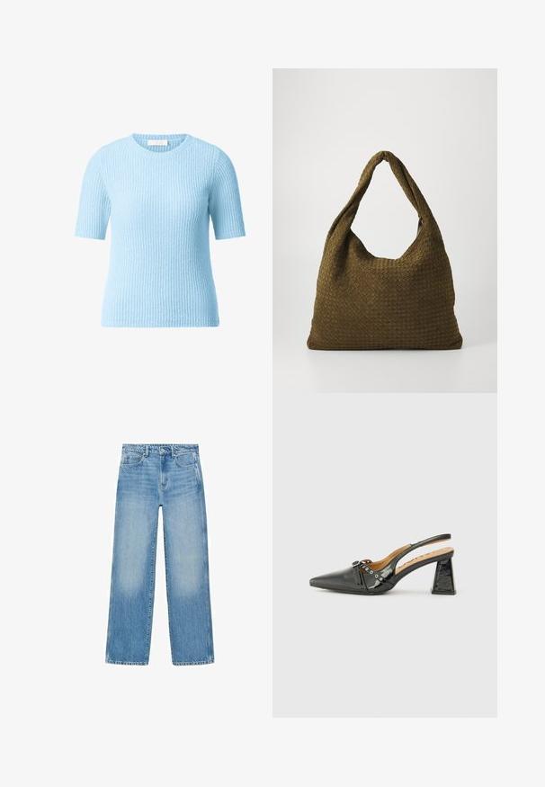 Lys blå kort-armet sweater med et tekstureret ribbet design. Rund halsudskæring og blødt strikket materiale, velegnet til afslappet brug.; Lyseblå denimjeans med lige snit, fem-lomme design og subtil fading. Har en knap- og lynlås-lukning i livet.; Sort patentlæder slingback sko med spids tå, trekantet hæl og dekorativ rem med sølv accenter. Glat tekstur.; Vævet stofhåndtaske i olivengrøn med en rummelig, rund form og et enkelt, forlænget håndtag til bæring. Struktureret overflade.