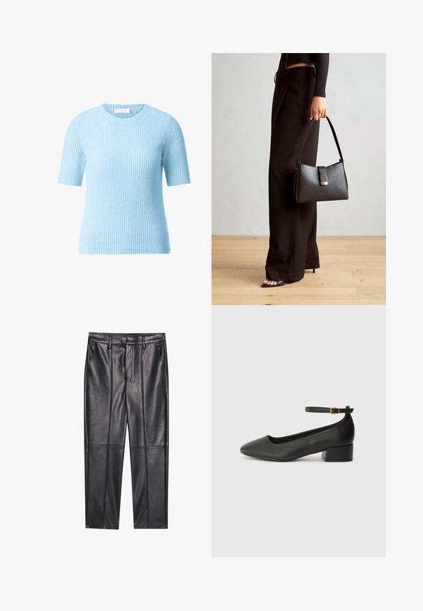 Heled sinine lühikeste varrukatega sviiter tekstuuriga sooniku disainiga. Ümar kaelus ja pehme kudumismaterjal, sobib igapäevaseks kandmiseks.; Mustad nahkpüksid sileda tekstuuriga, sirge lõikega, kahe eesmine taskuga ja nähtavate õmblusteta.; Must mustaapp, millel on terav nina ja madal blokk-kand. Omab pahkluu rihma koos kuldse tooni pandlaga. Sile tekstuur.; Must musta kott, millel on struktureeritud kuju, sile tekstuur ja metallist klamber. Kombineeritud laiate mustade pükstega ja avatud varvaste sandaalidega puidust põrandal.